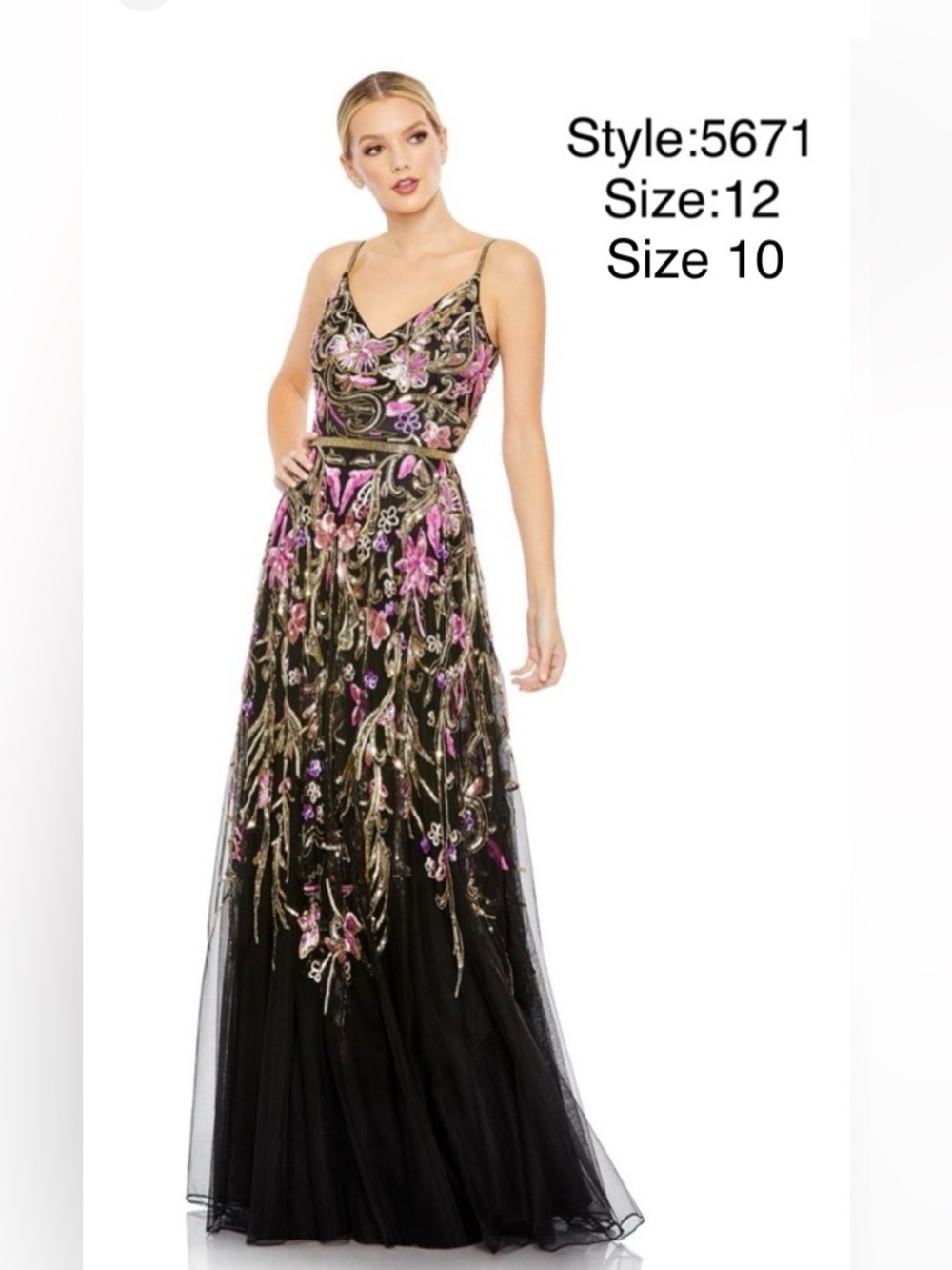 V neck sequined floral spaghetti strap A-line gown in Black